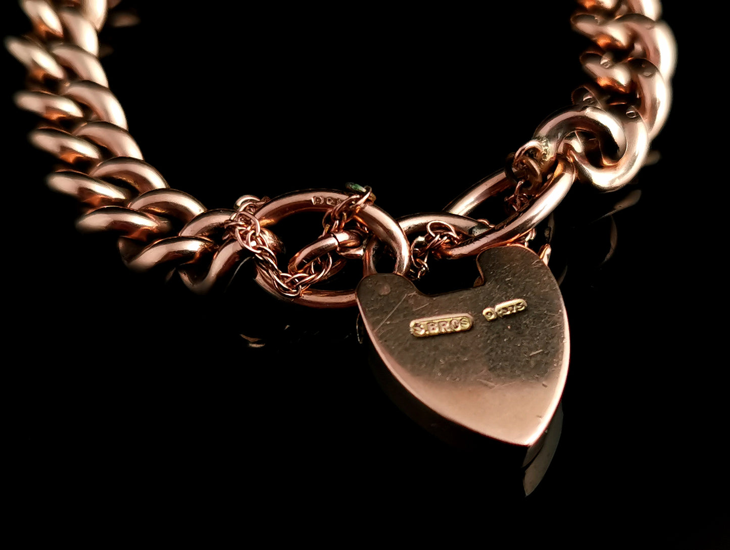 Victorian 9ct Rose gold curb bracelet, heart padlock, solid
