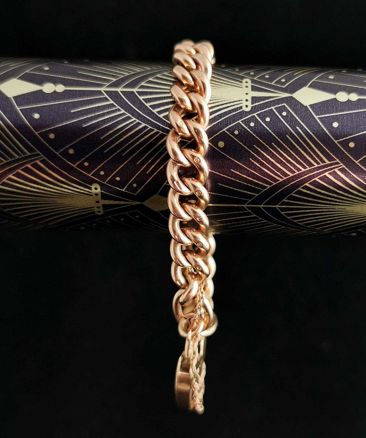 Victorian 9ct Rose gold curb bracelet, heart padlock, solid