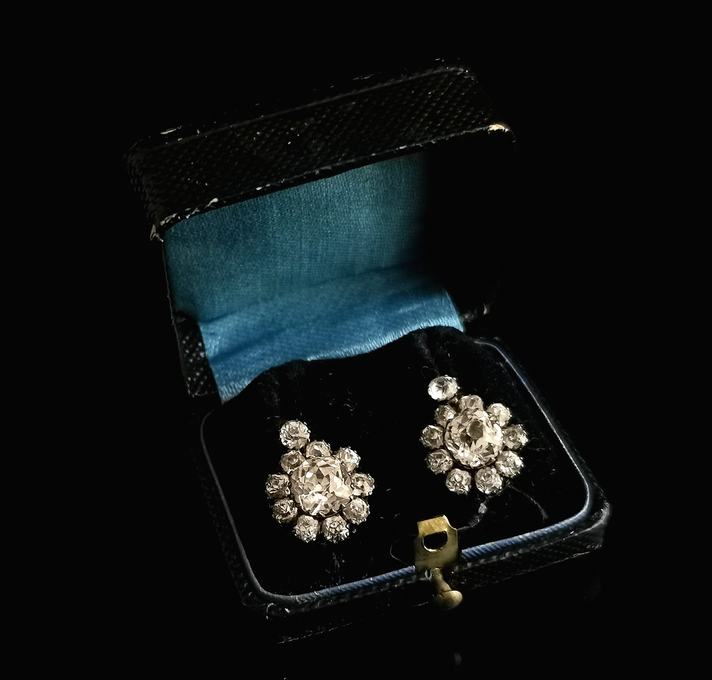 Antique Victorian paste flower earrings, 9ct gold and silver, boxed