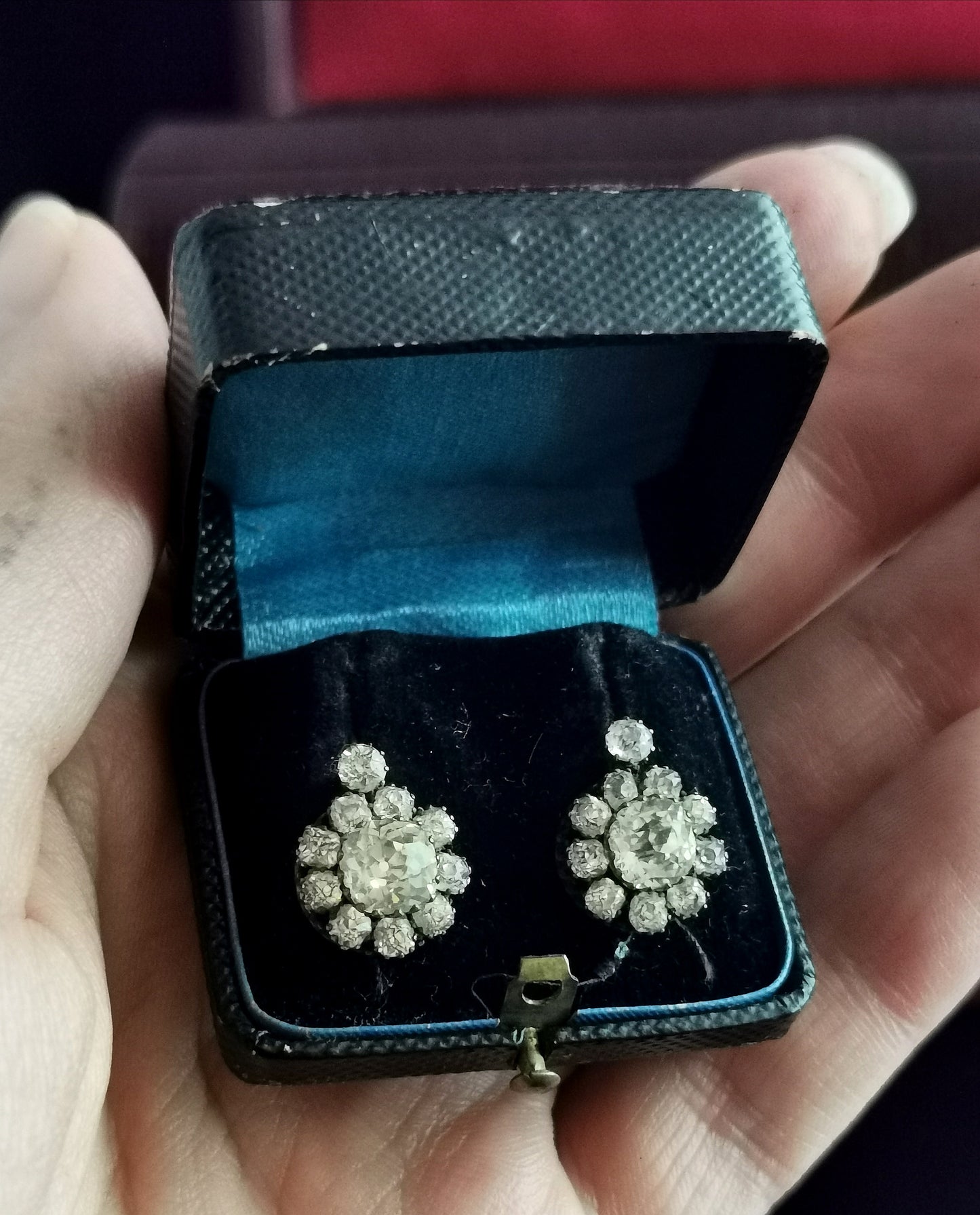Antique Victorian paste flower earrings, 9ct gold and silver, boxed