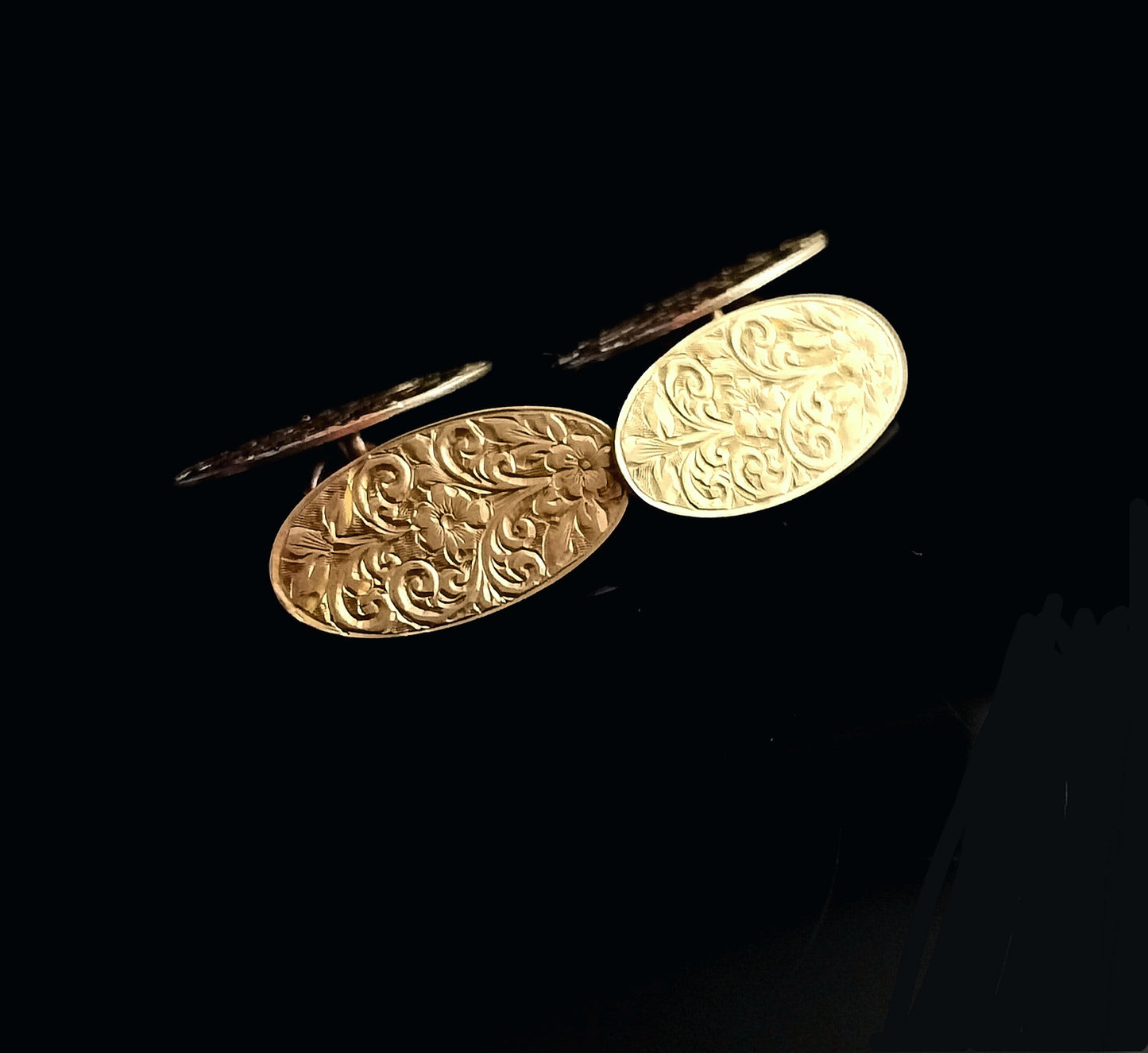 Antique 9ct gold cufflinks, floral engraved, boxed