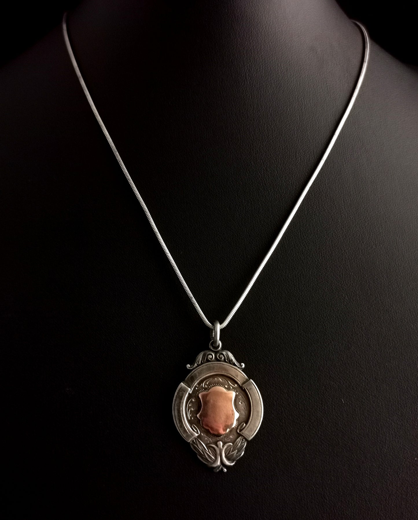 Vintage Sterling silver and 9ct Rose gold fob, snake chain necklace