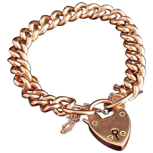 Victorian 9ct Rose gold curb bracelet, heart padlock, solid