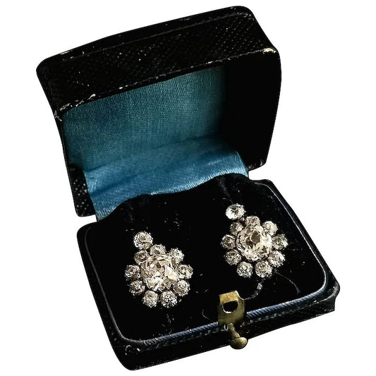 Antique Victorian paste flower earrings, 9ct gold and silver, boxed