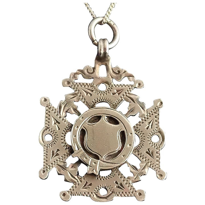 Antique silver watch fob, Pendant, Order of the garter, Maltese Cross