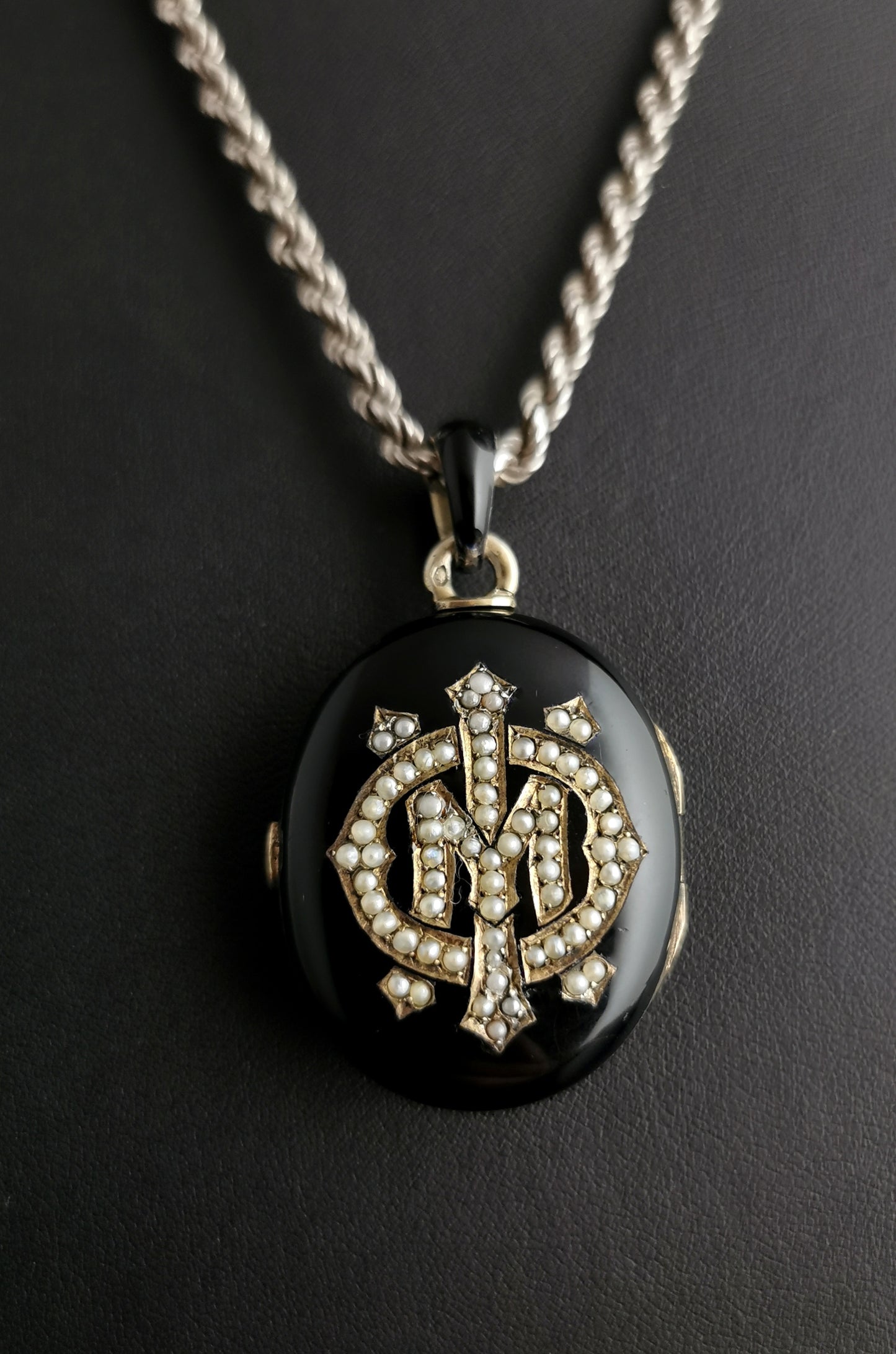 Victorian mourning locket, Black enamel and seed pearl, IMO