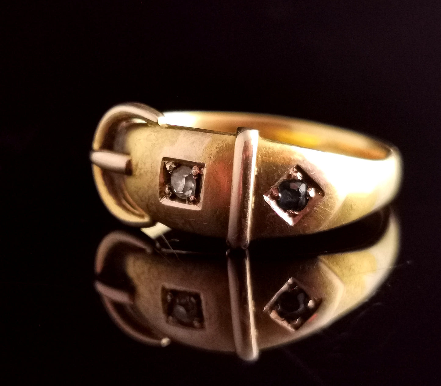 Victorian 18ct gold buckle ring, Sapphire and Diamond
