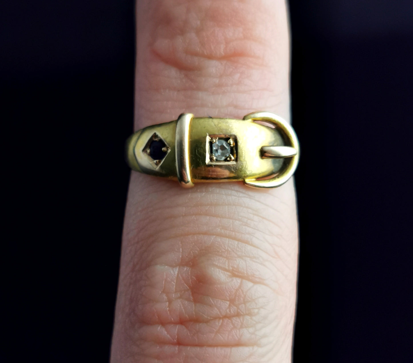Victorian 18ct gold buckle ring, Sapphire and Diamond