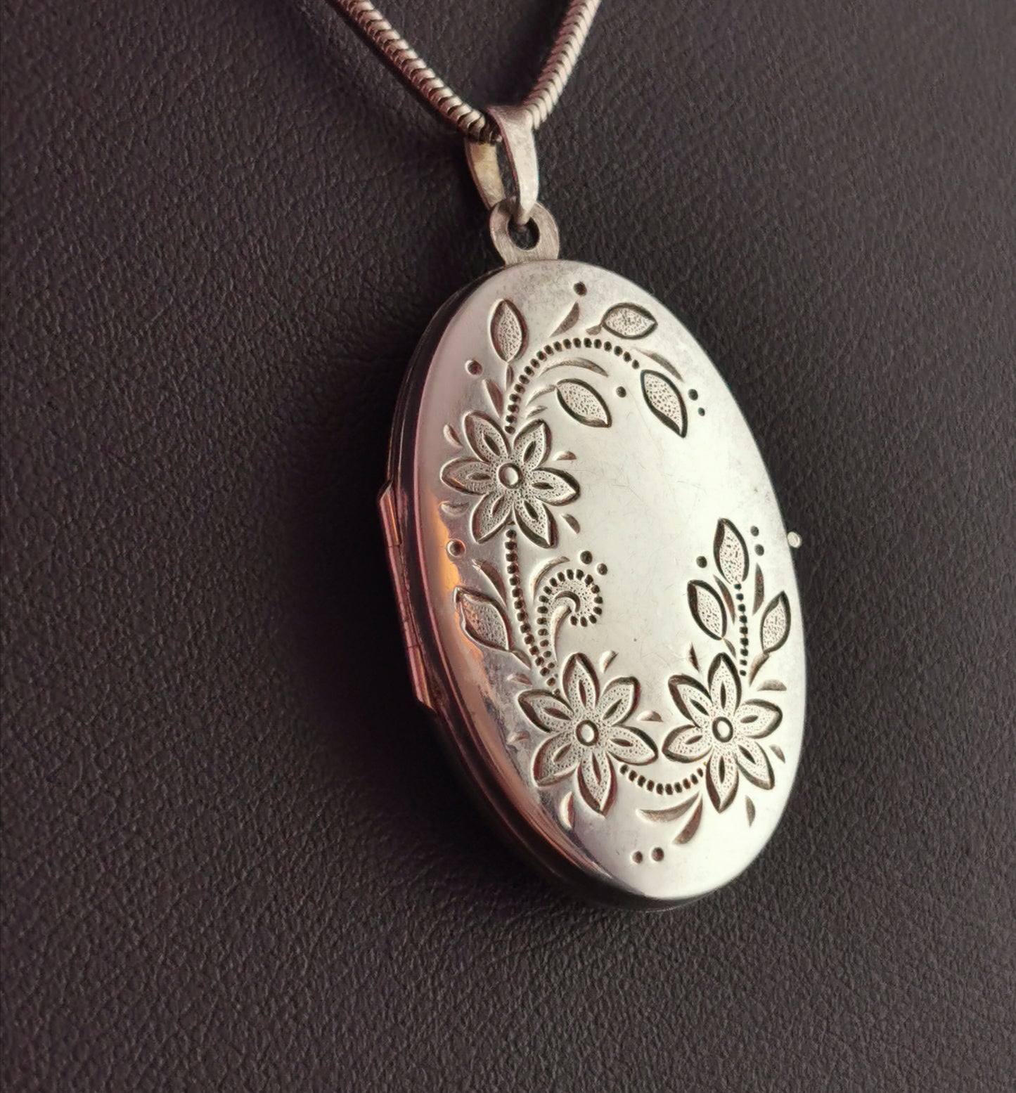 Vintage sterling silver locket necklace, 1970s, floral engraved