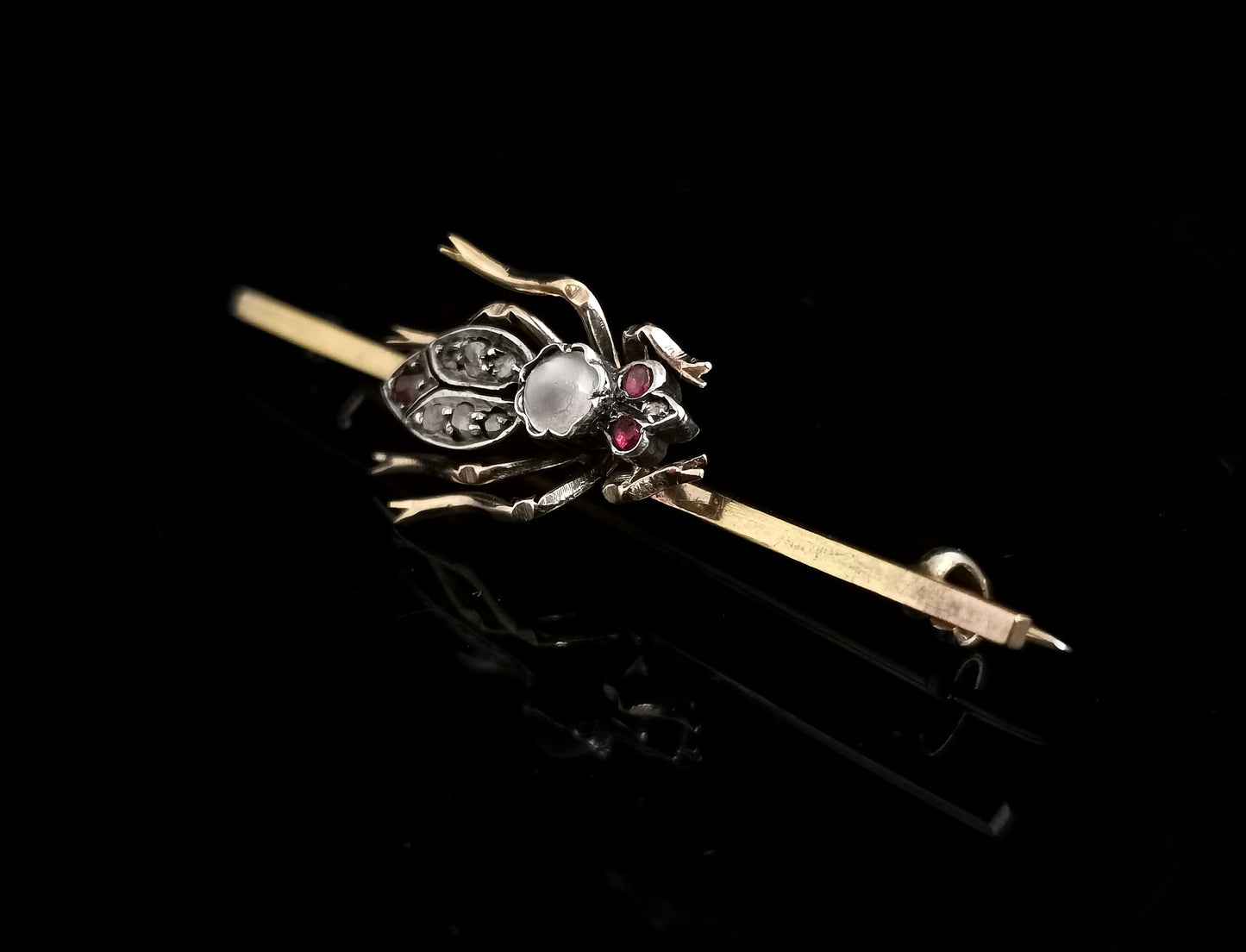 Antique Moonstone beetle brooch, Ruby, Diamond and Garnet, 15ct gold, boxed