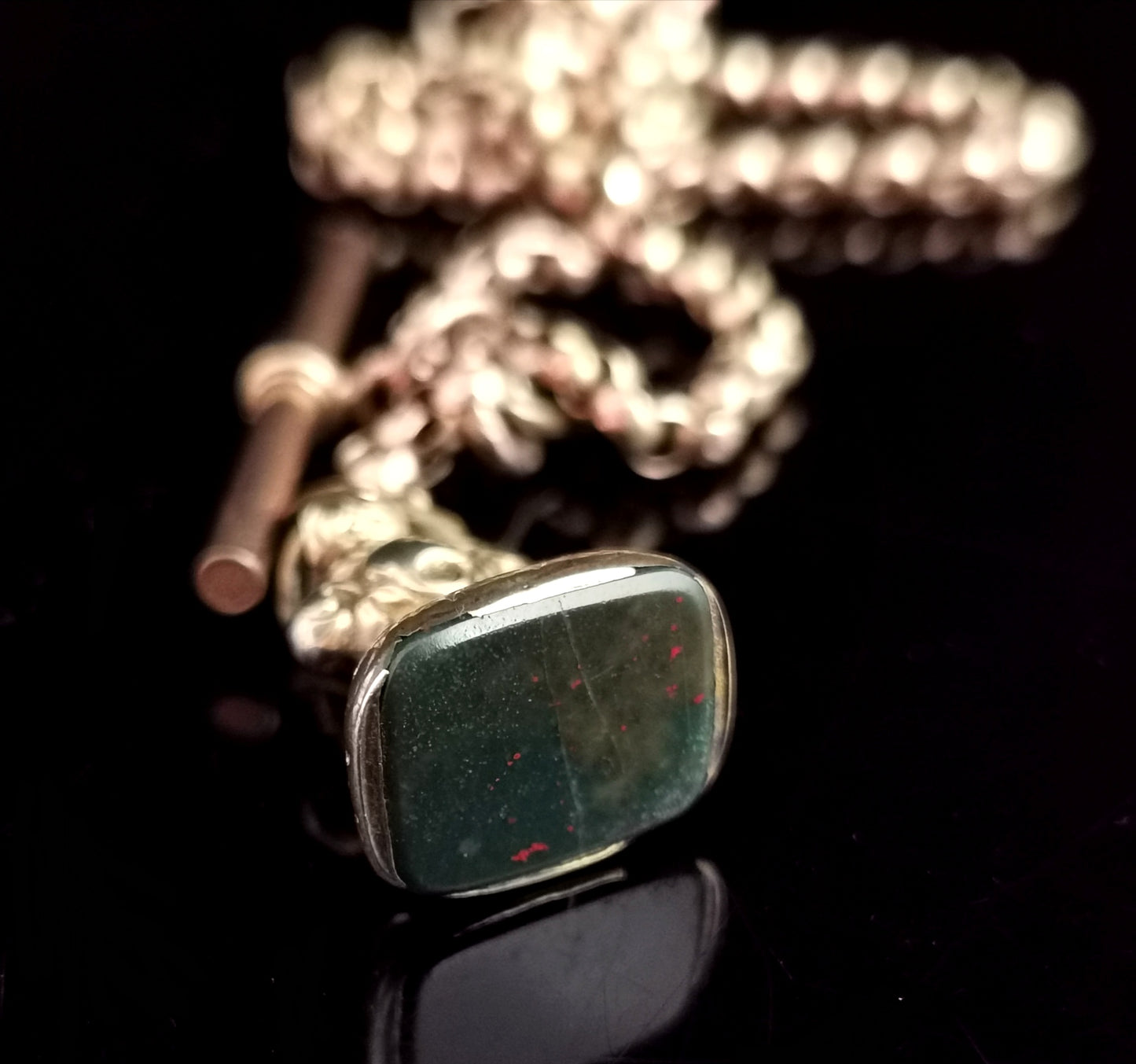 Antique 9ct Rose gold Albert chain, bloodstone seal fob, watch chain