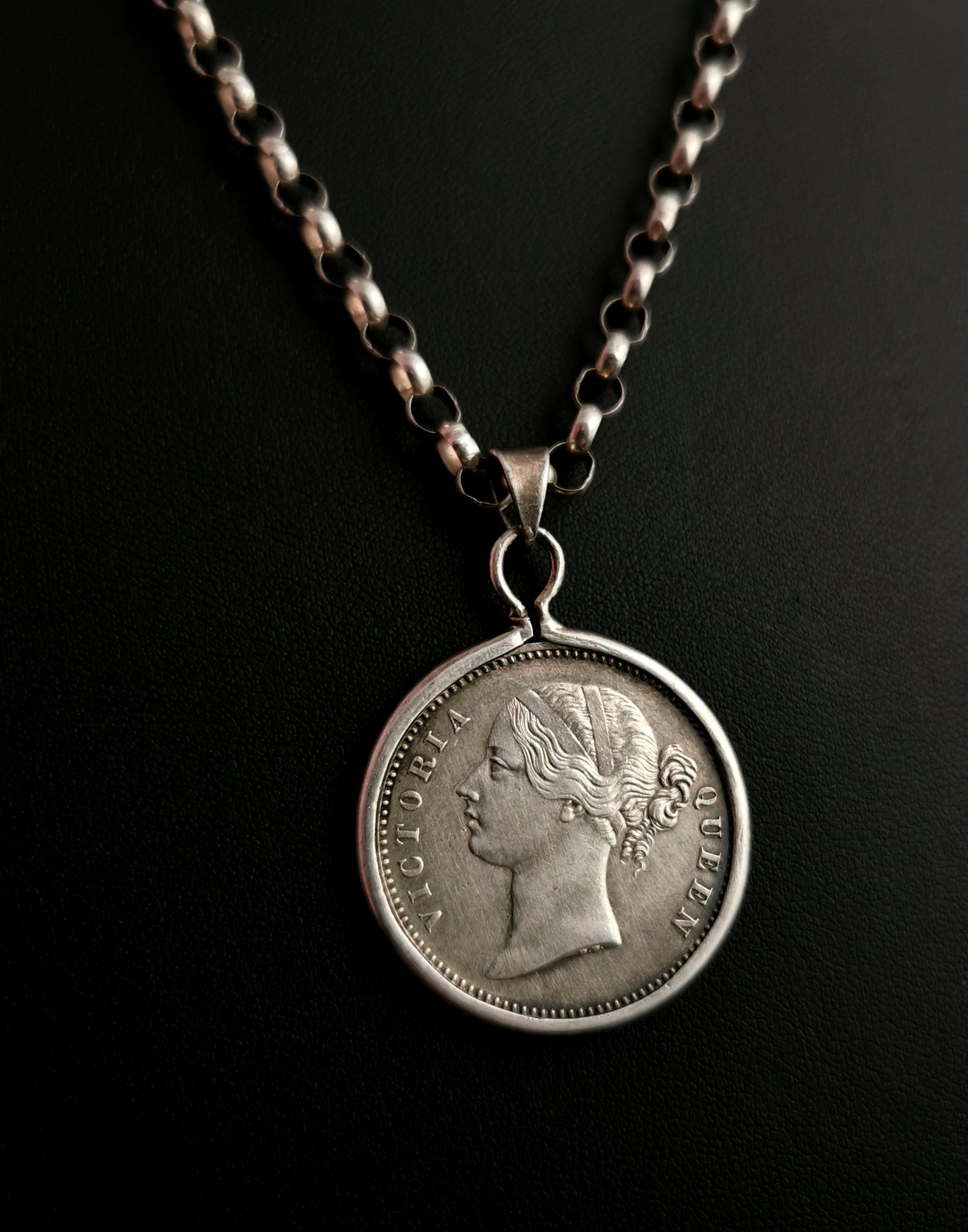 Victorian silver coin pendant, Indian Rupee, necklace