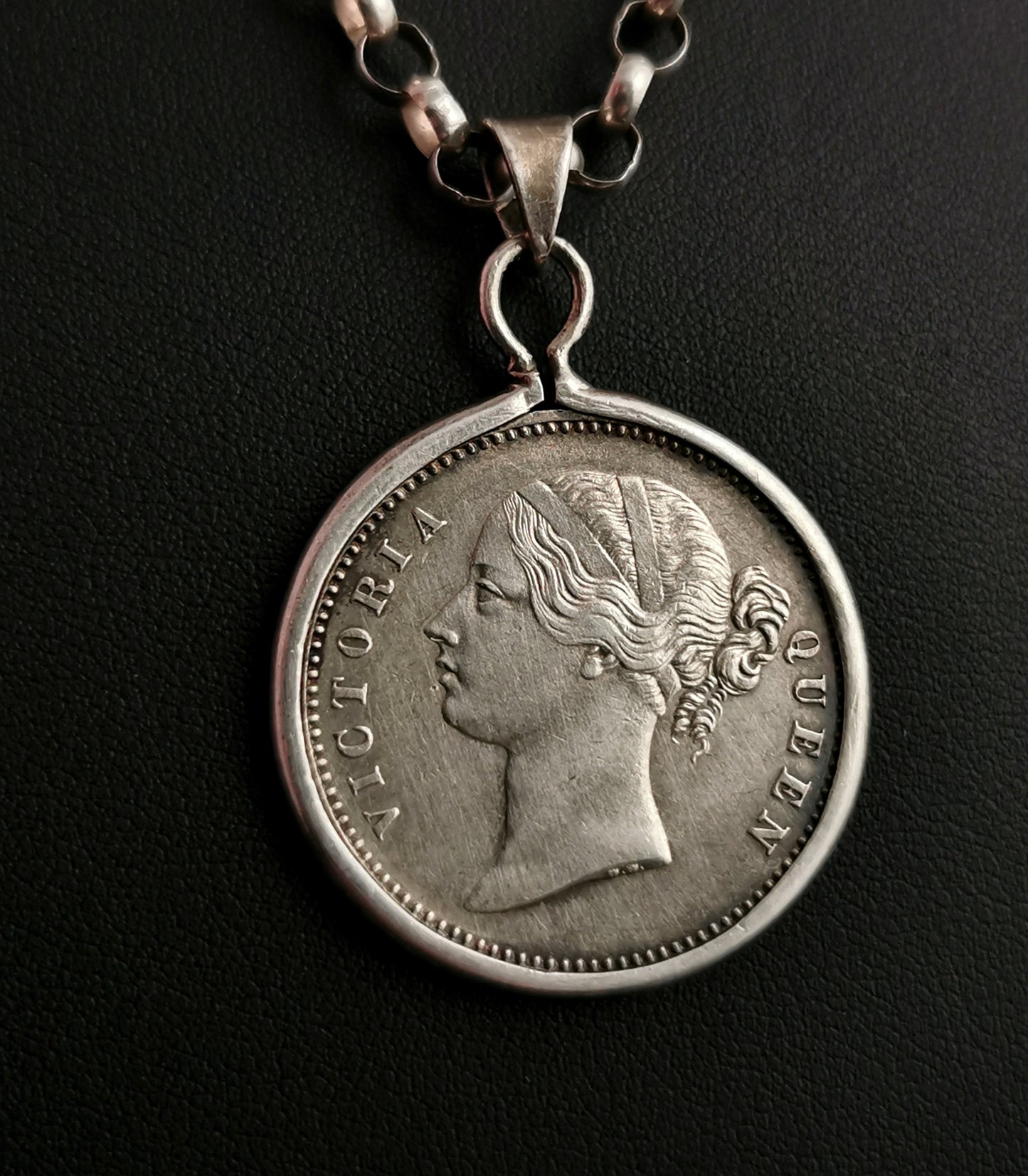 Victorian silver coin pendant, Indian Rupee, necklace