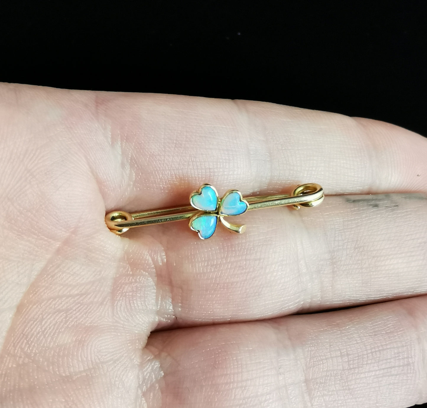 Antique Opal clover brooch, Shamrock, 15ct gold pin