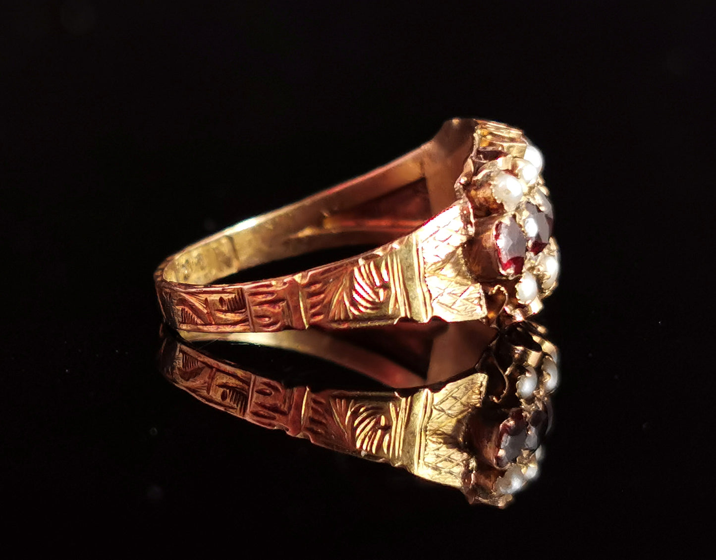 Victorian Garnet and Pearl ring, 15ct gold, engraved