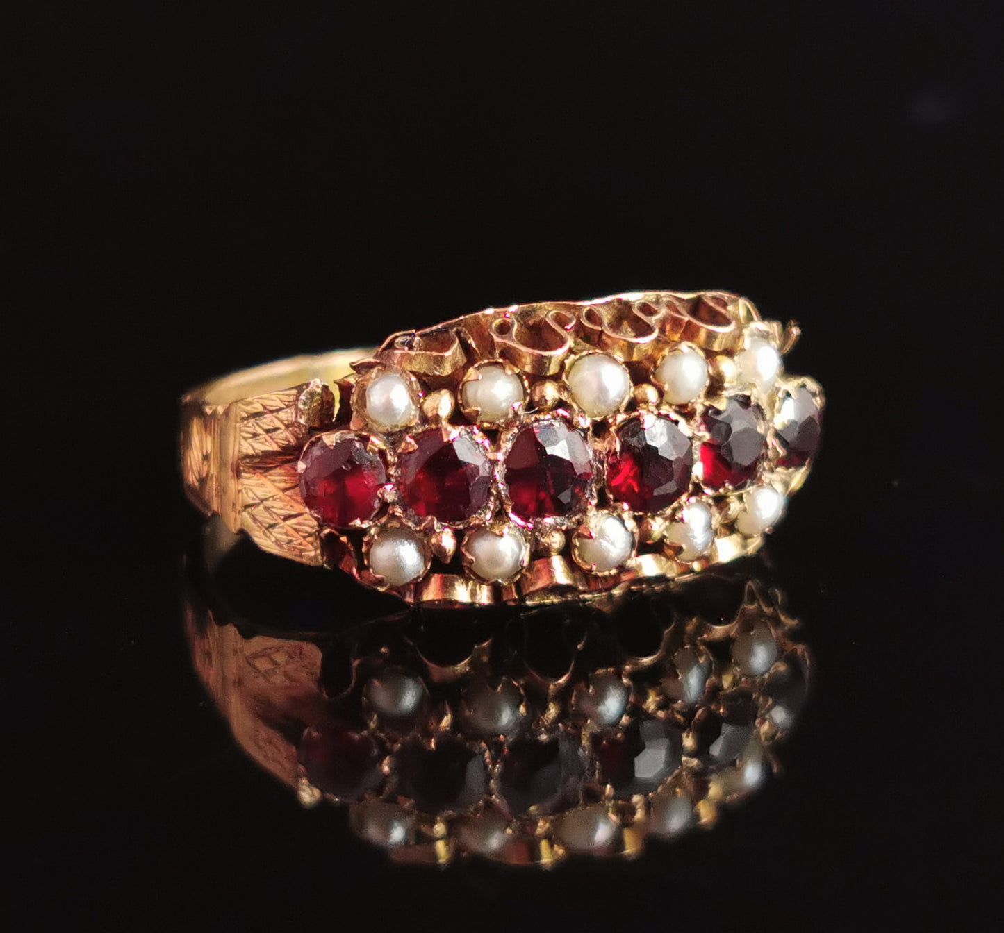 Victorian Garnet and Pearl ring, 15ct gold, engraved