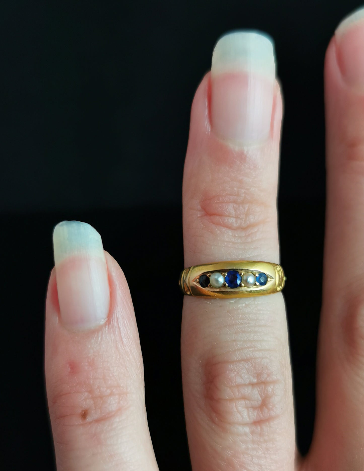 Victorian Sapphire and Pearl ring, 15ct gold