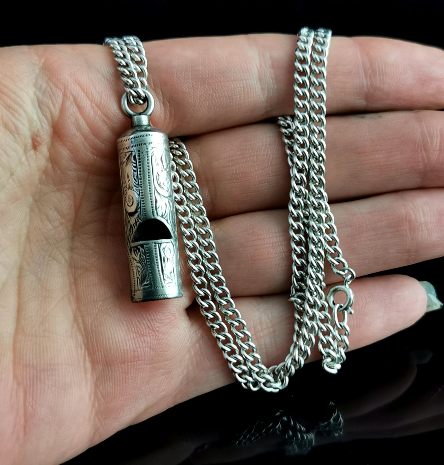 Antique Victorian silver whistle pendant, silver necklace
