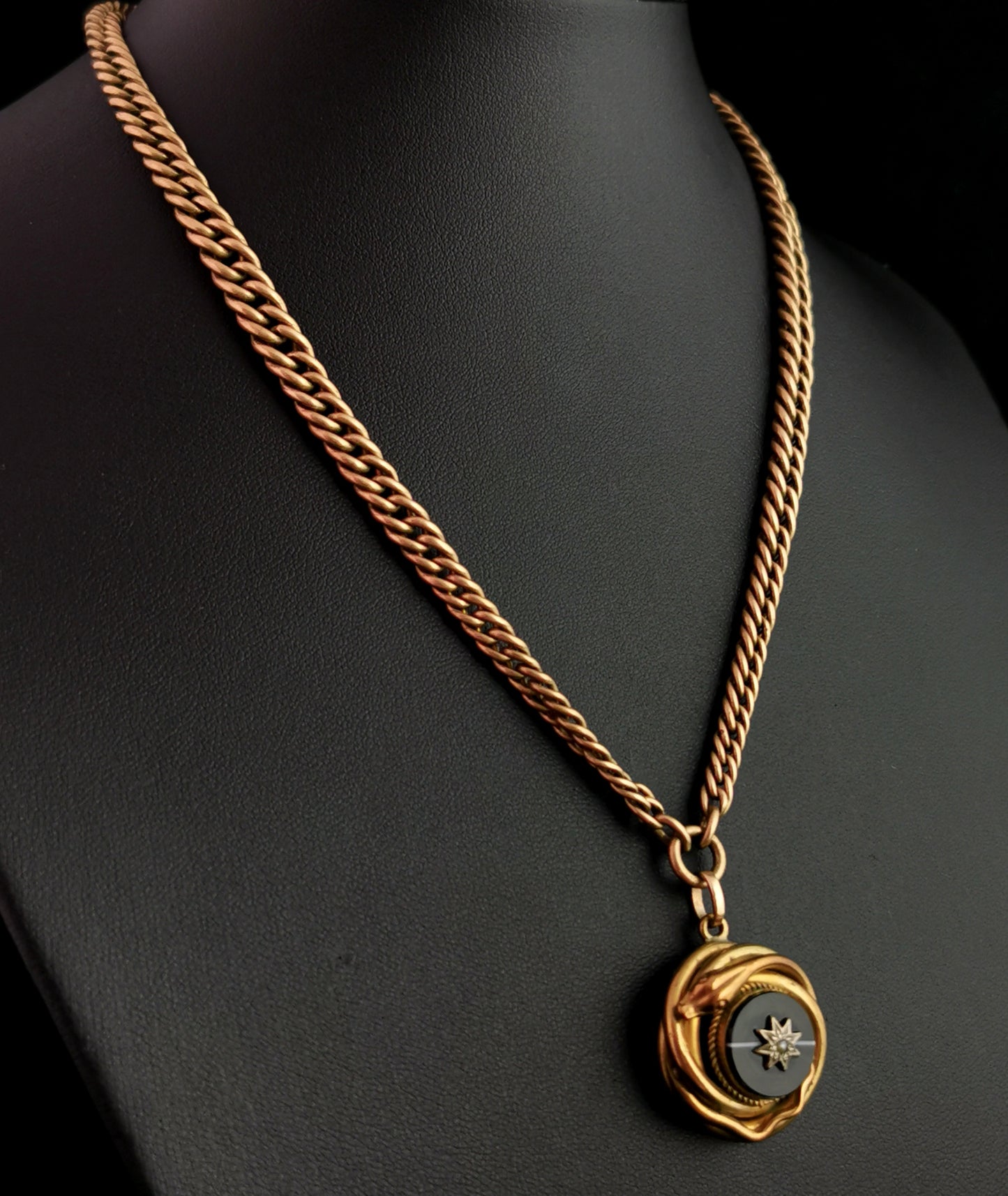 Victorian Agate snake pendant, Pinchbeck Albert chain, necklace