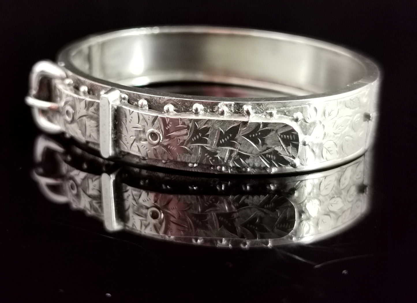 Victorian silver buckle bangle, ivy engraved