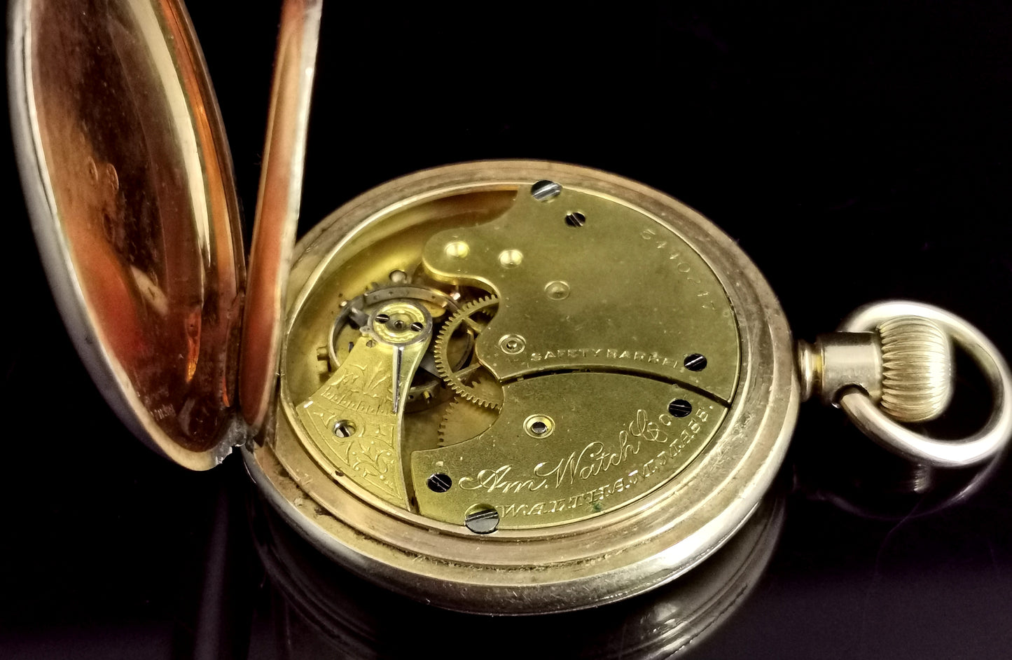 Antique half hunter pocket watch, Gold plated, Waltham Mass