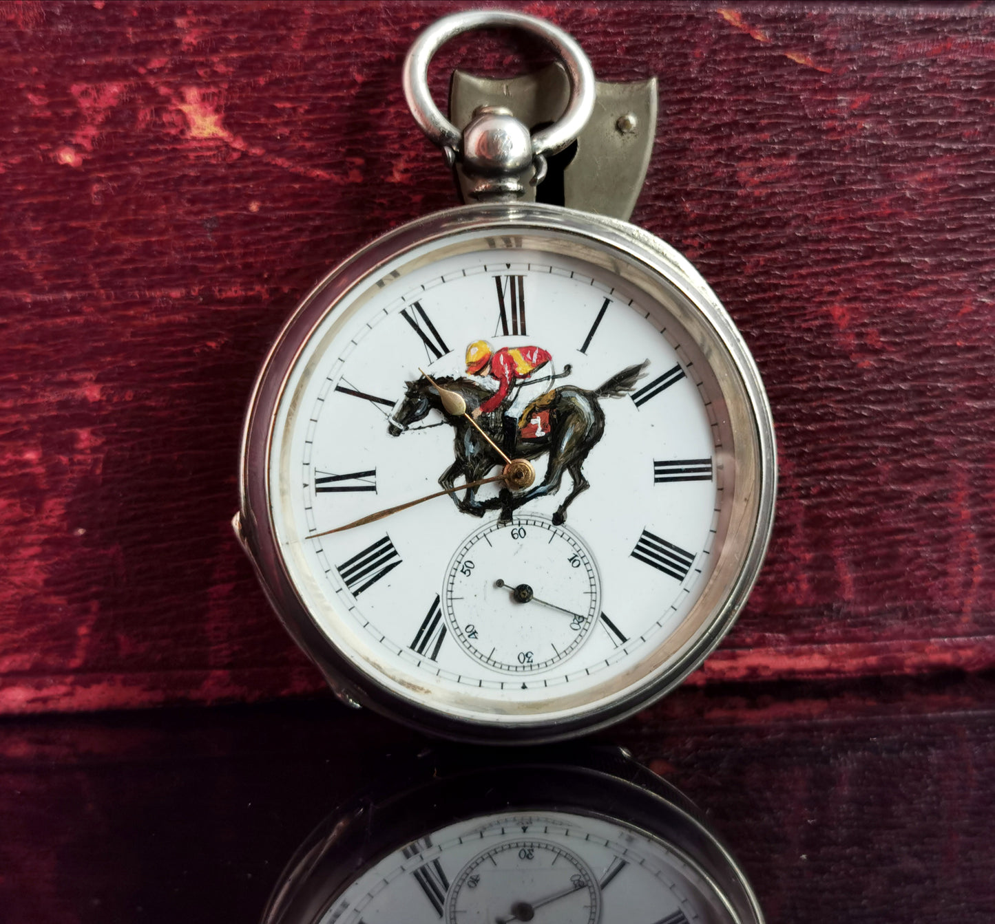 Victorian silver pocket watch, horse racing