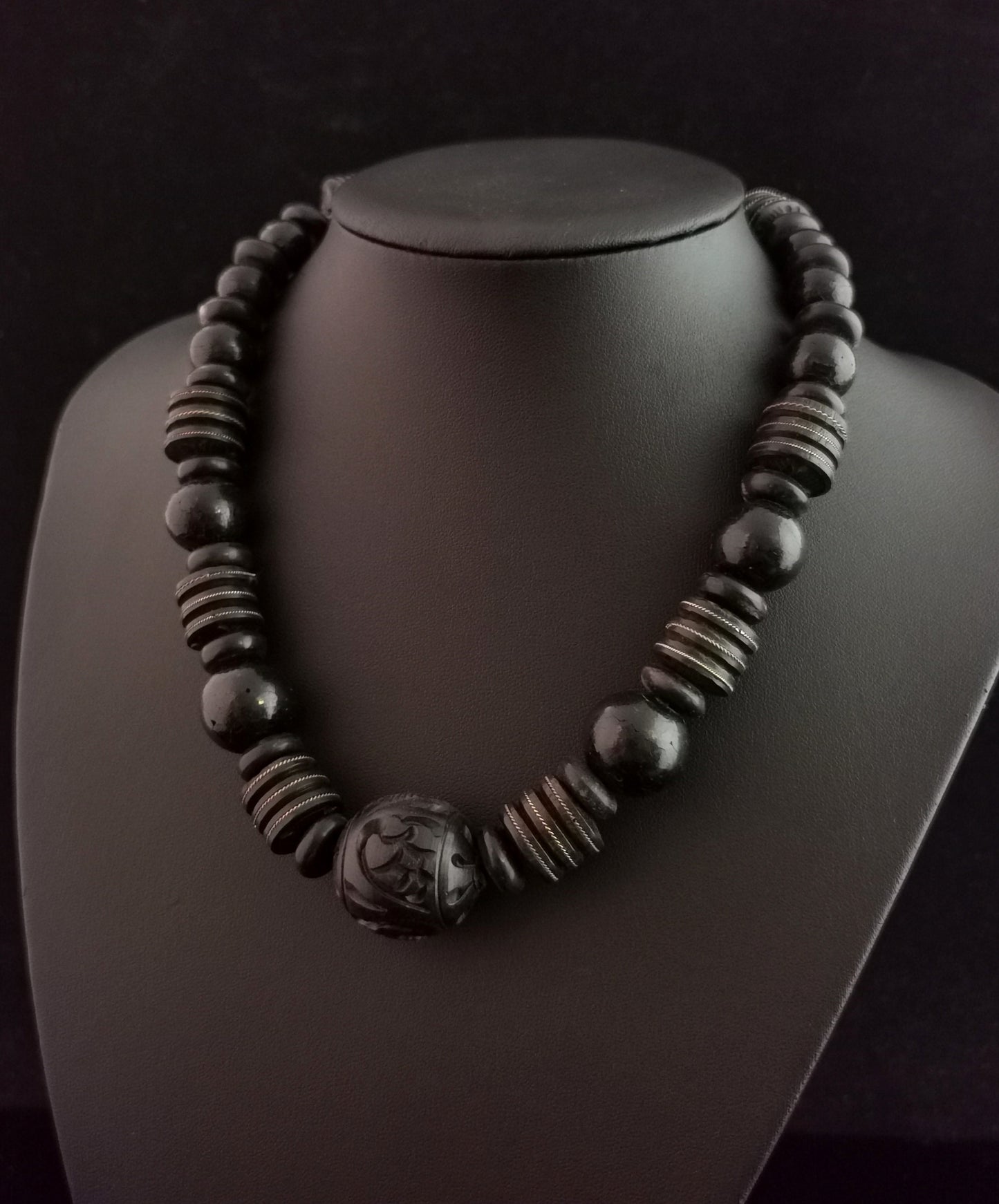 Victorian bog oak and wood bead necklace