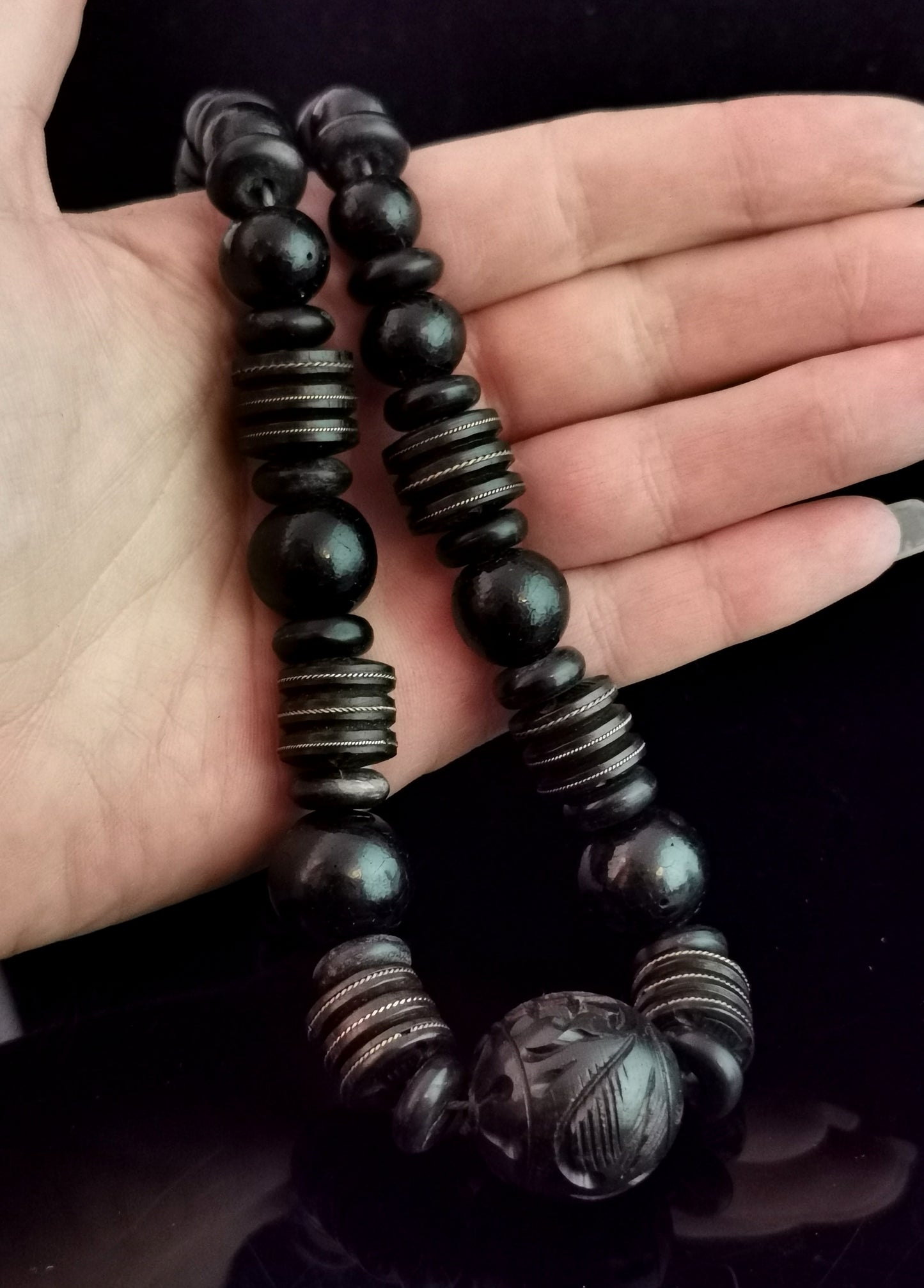 Victorian bog oak and wood bead necklace