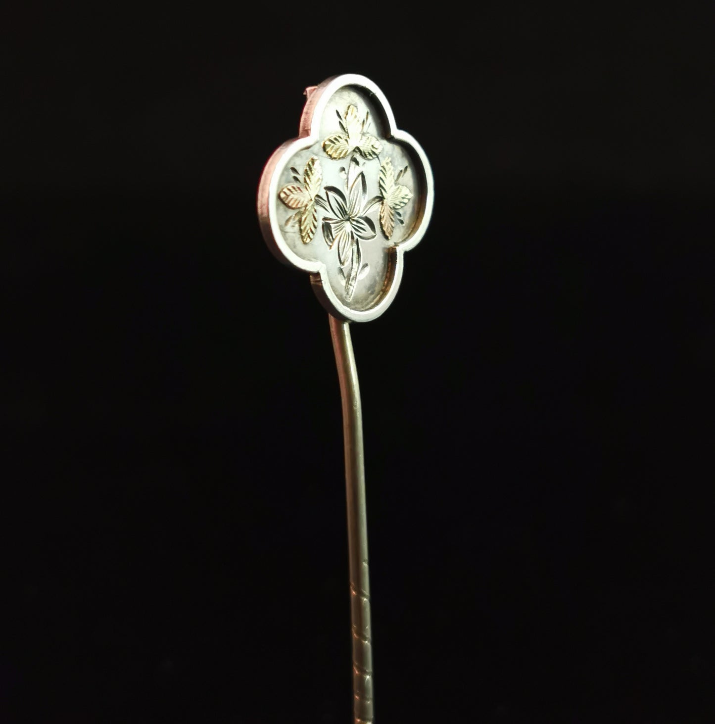 Victorian silver stick pin, 9ct gold, Aesthetic