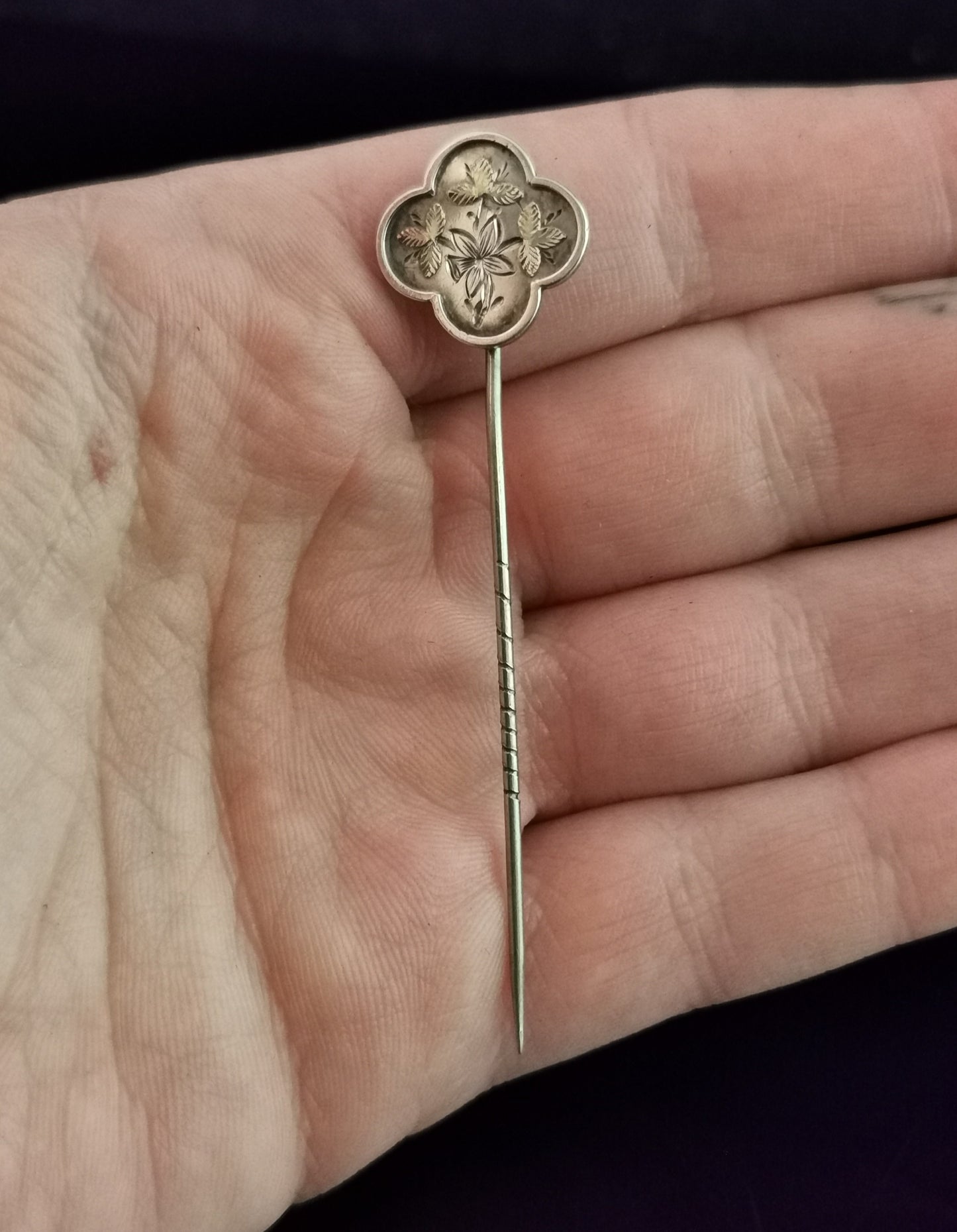 Victorian silver stick pin, 9ct gold, Aesthetic