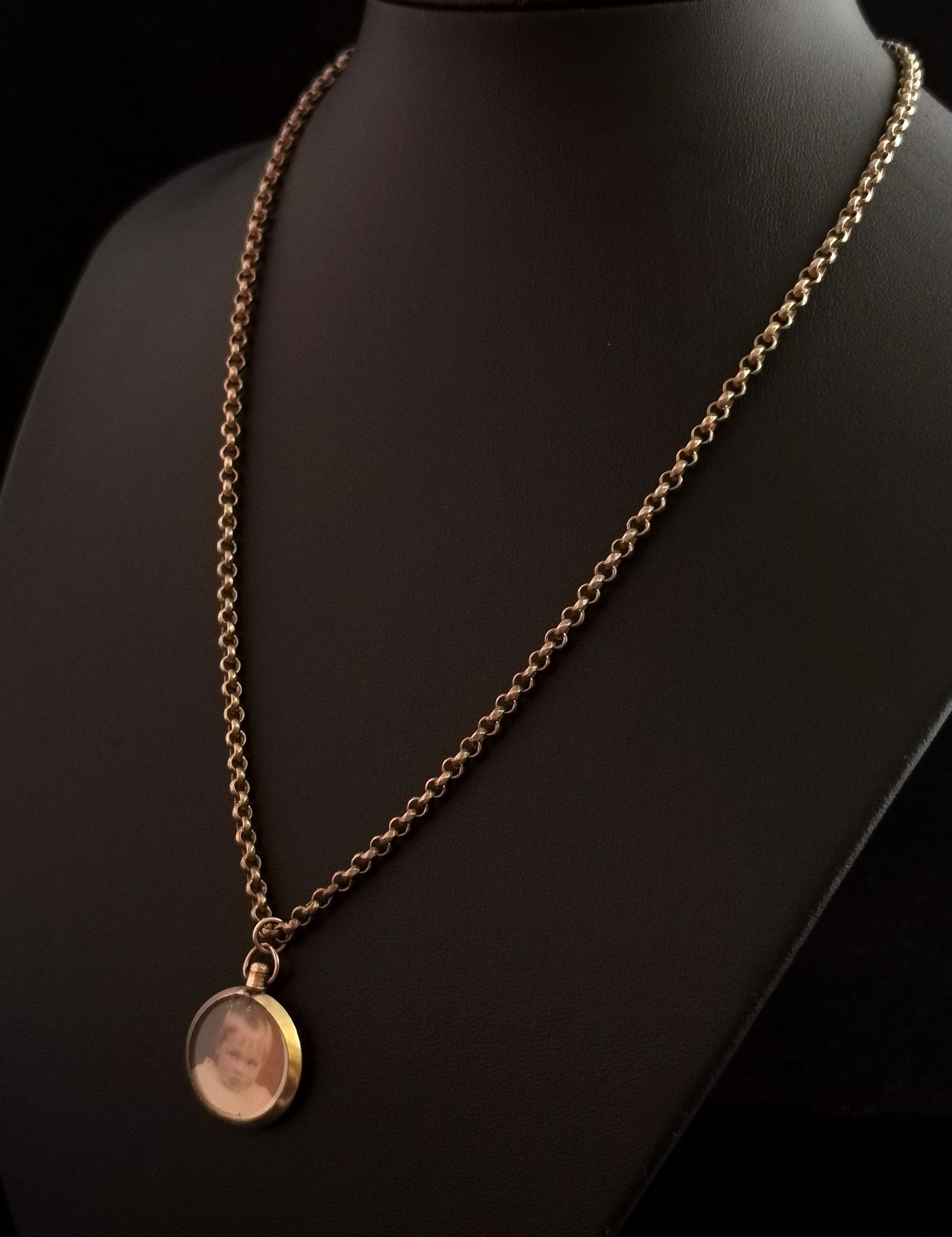 Antique rolled gold portrait locket, belcher chain necklace