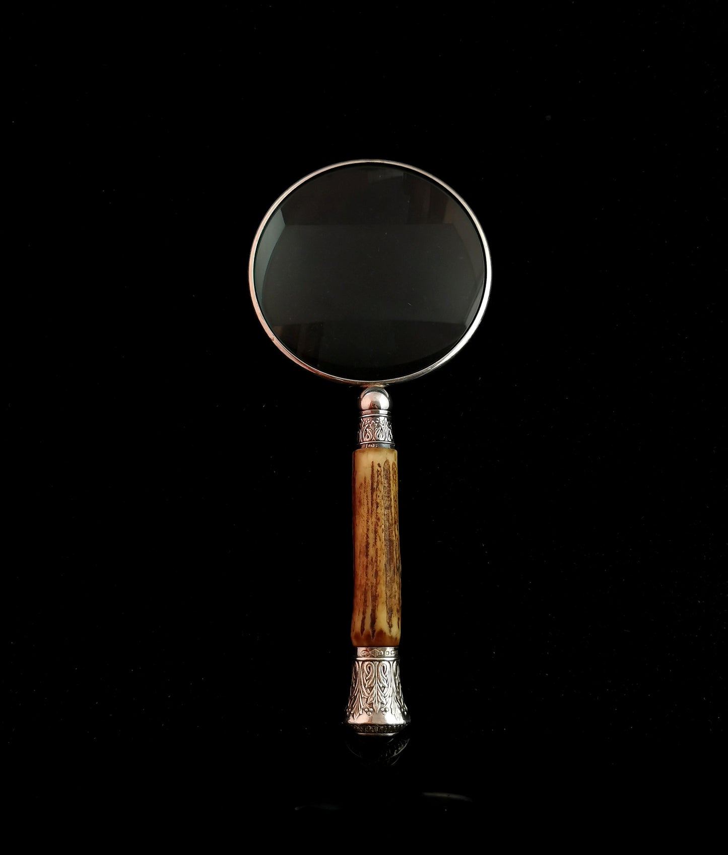 Antique Victorian silver magnifying glass, antler handle