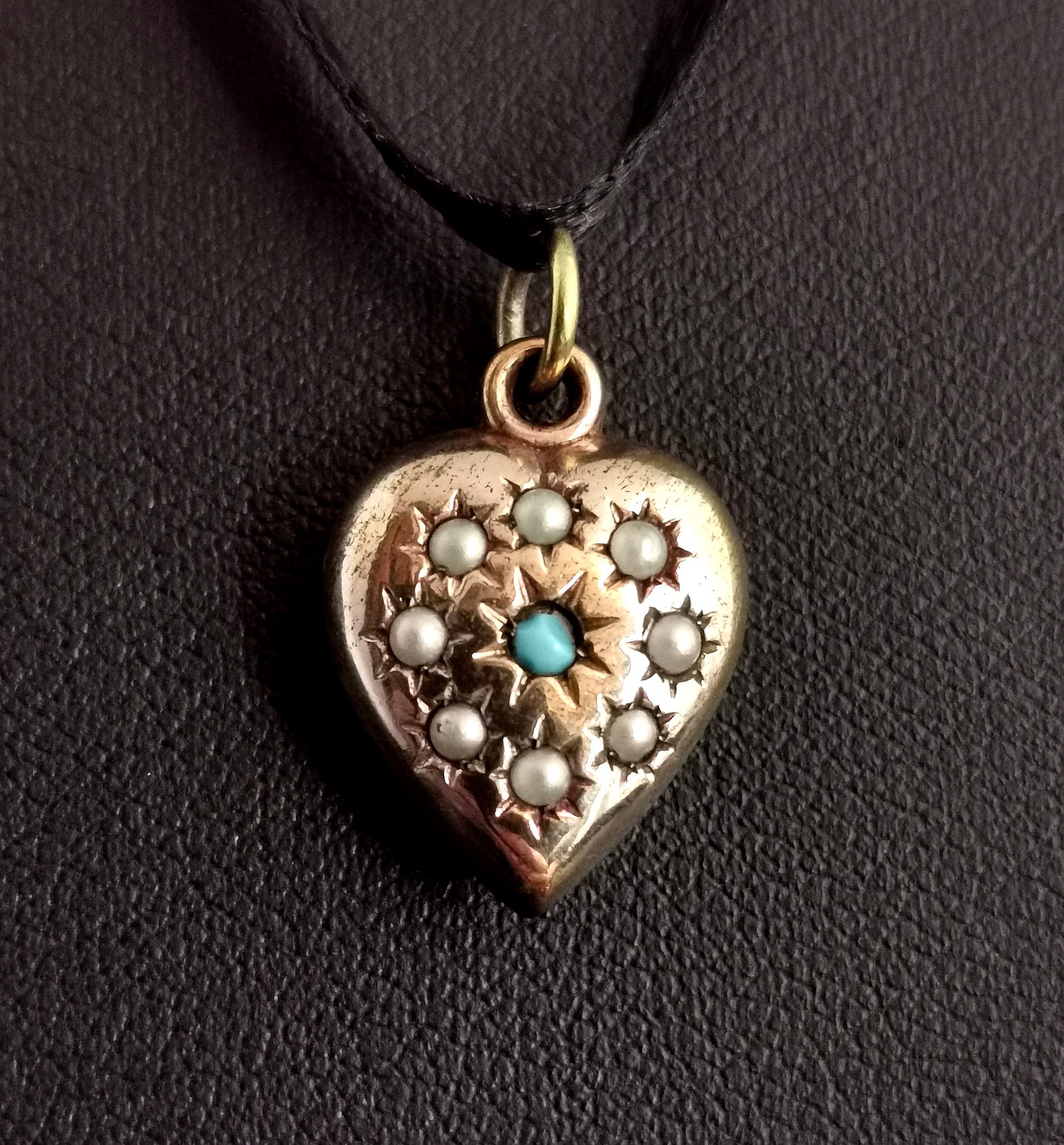 Antique puffy heart pendant, seed pearl and turquoise, gold plated
