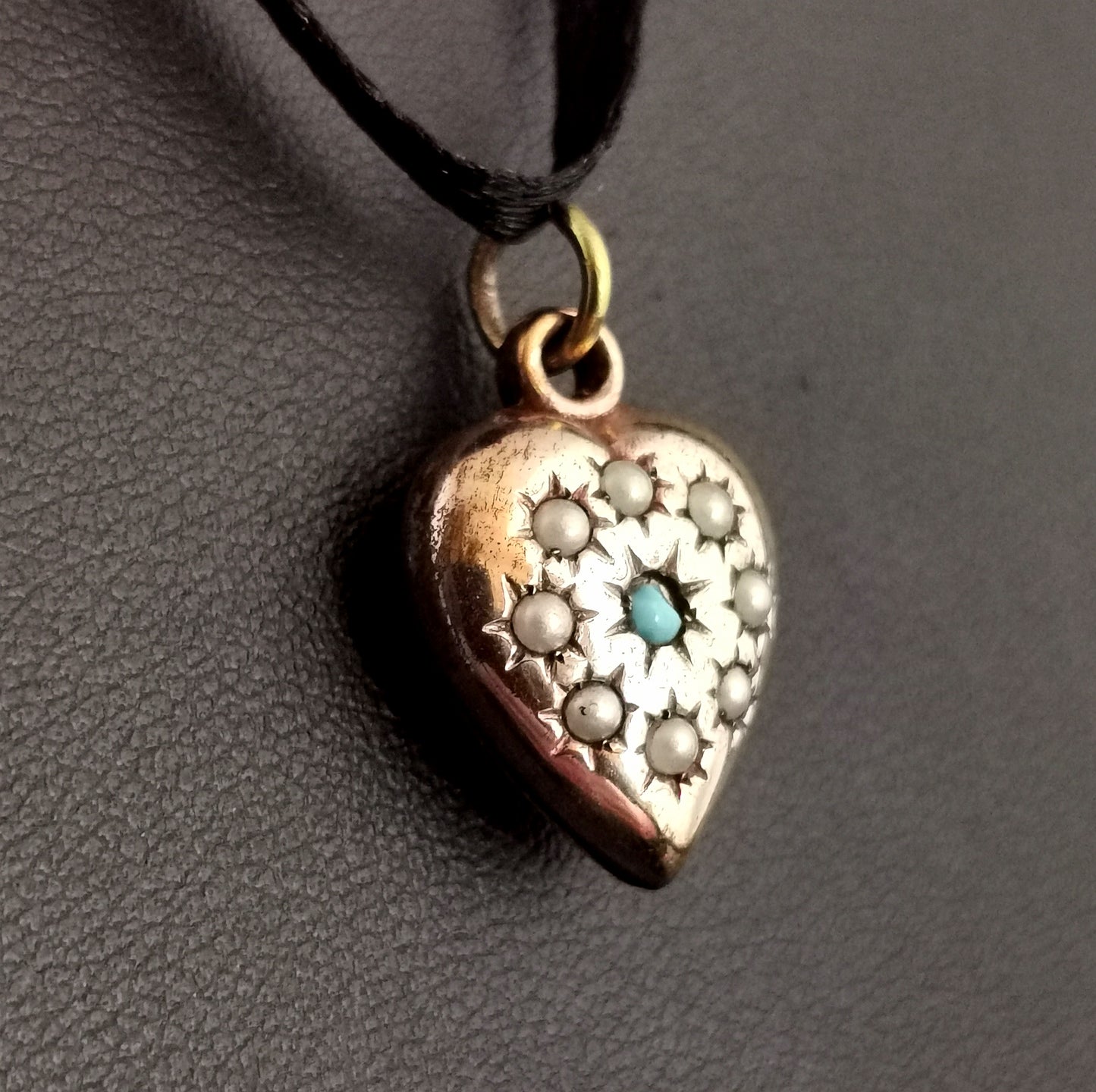 Antique puffy heart pendant, seed pearl and turquoise, gold plated