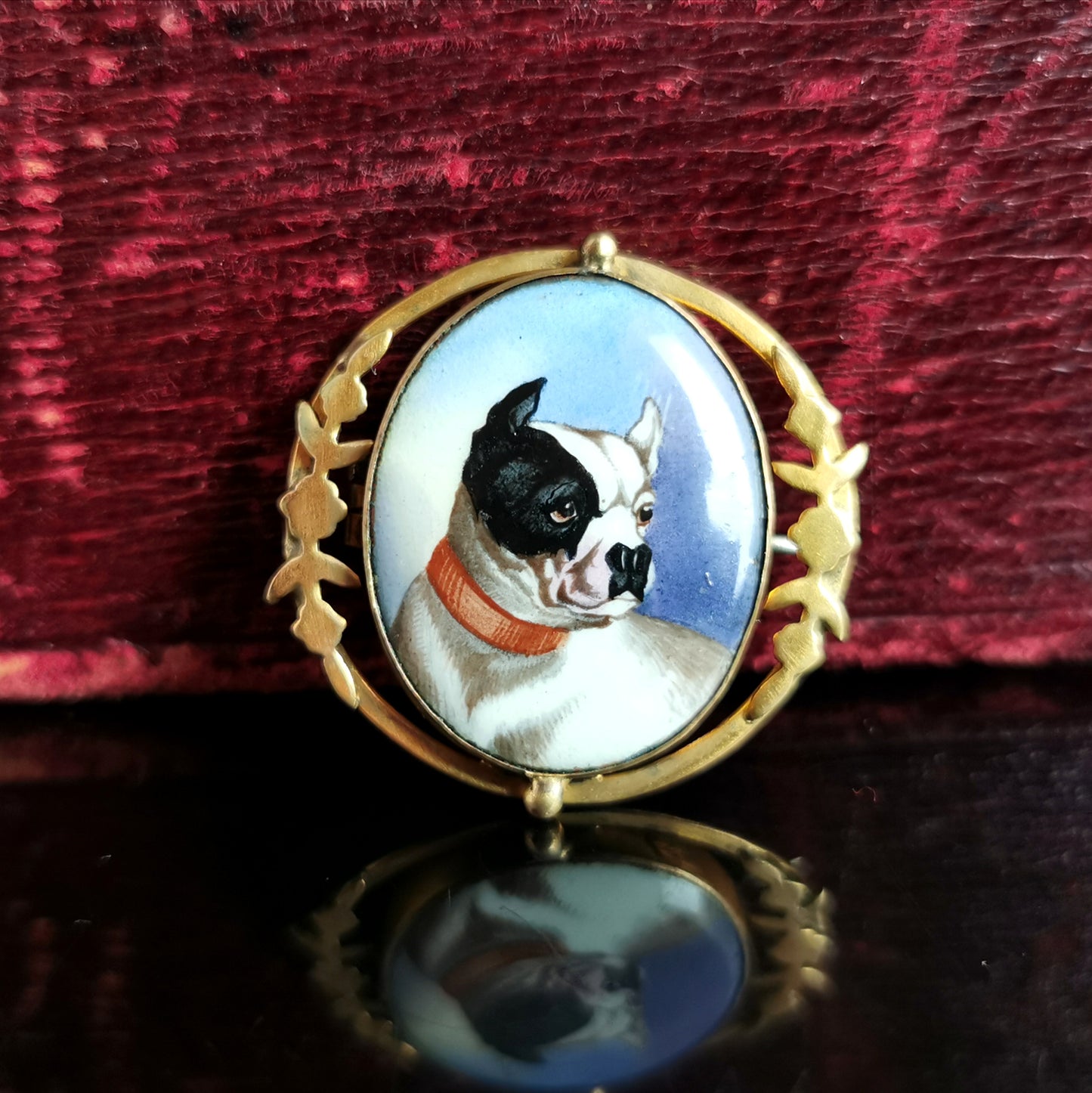 Antique Victorian bulldog brooch, enamelled