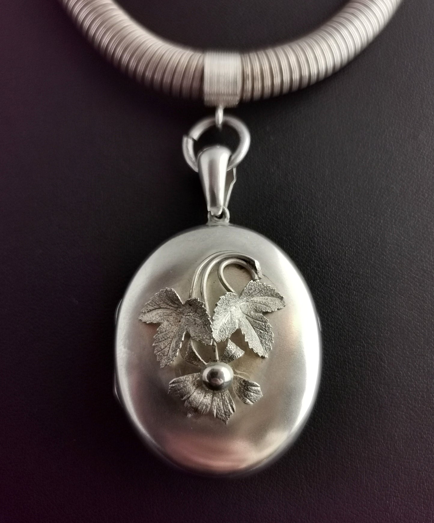 Victorian silver collar necklace, floral locket