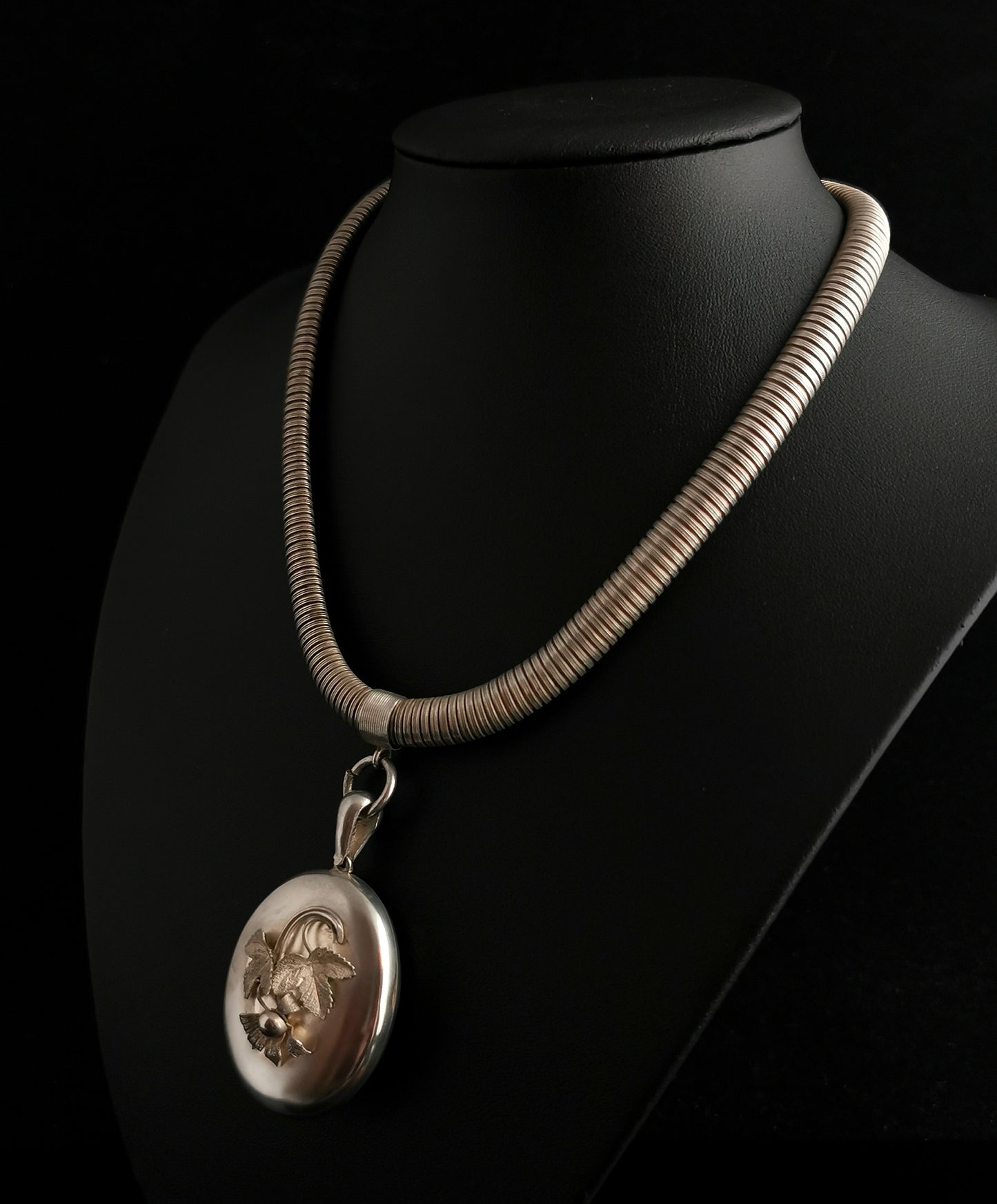 Victorian silver collar necklace, floral locket