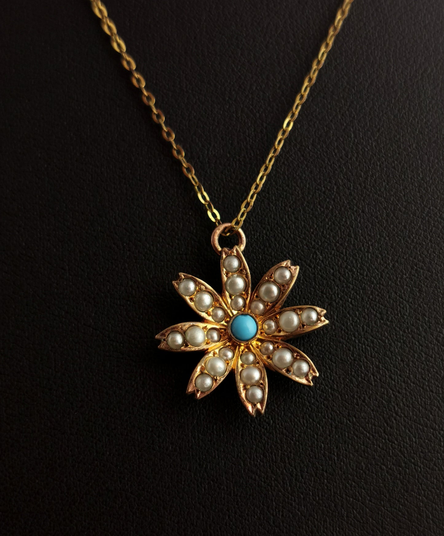 Antique flower pendant necklace, turquoise and seed pearl, Edwardian
