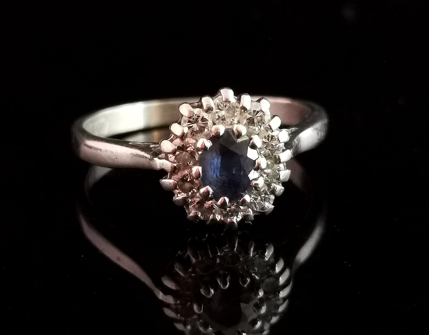 Vintage Sapphire and Diamond cluster ring, 18ct white gold