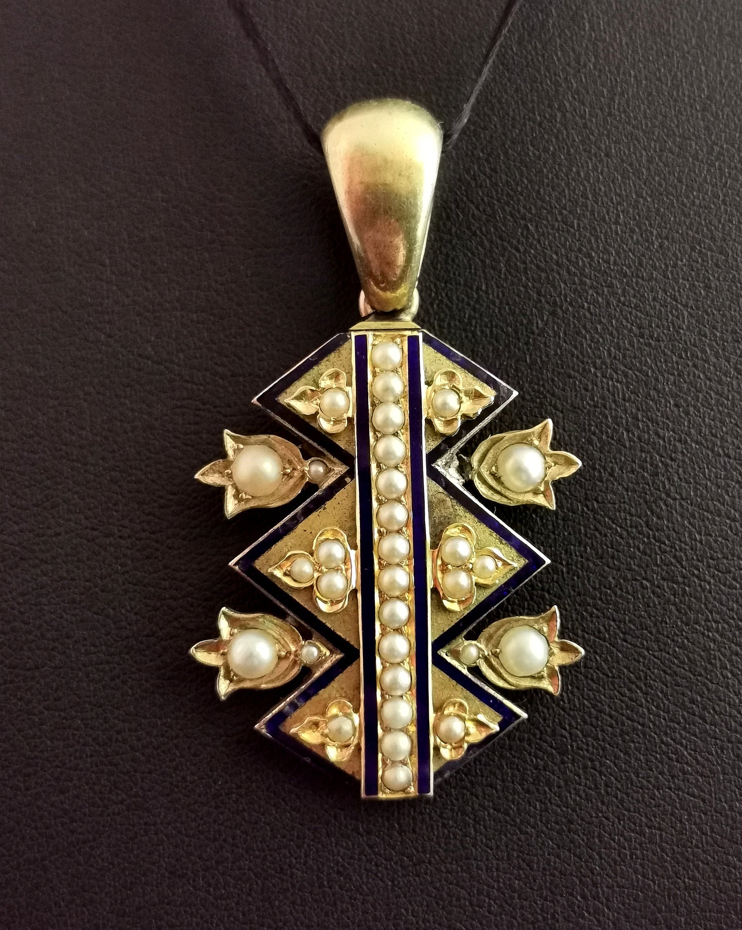 Victorian blue enamel and split pearl pendant, 9ct gold