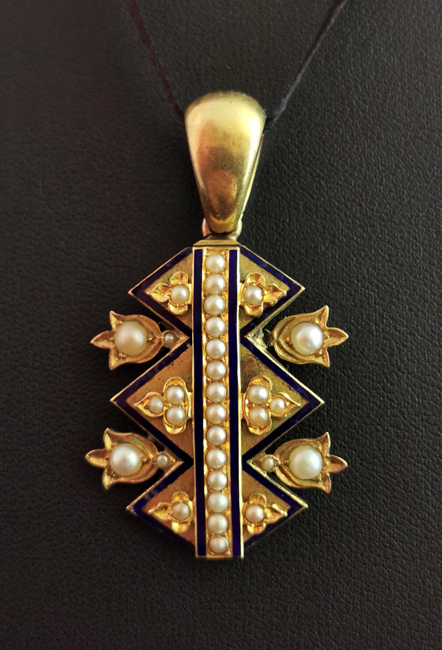 Victorian blue enamel and split pearl pendant, 9ct gold