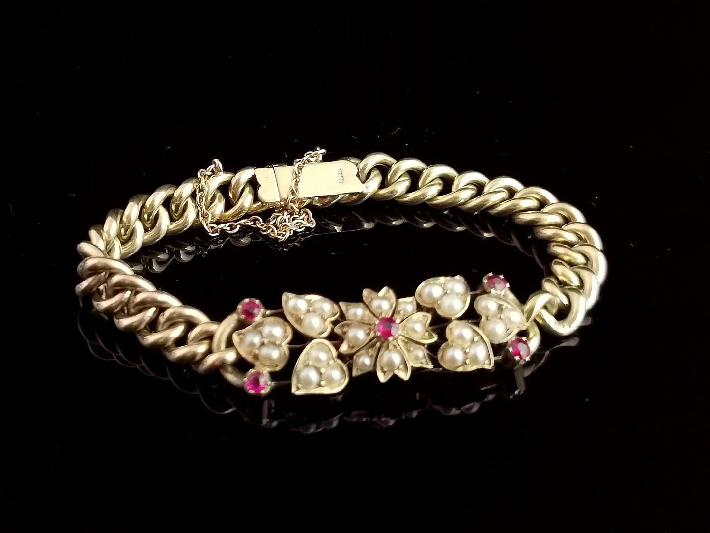 Antique 15ct gold curb bracelet, Ruby and pearl, floral