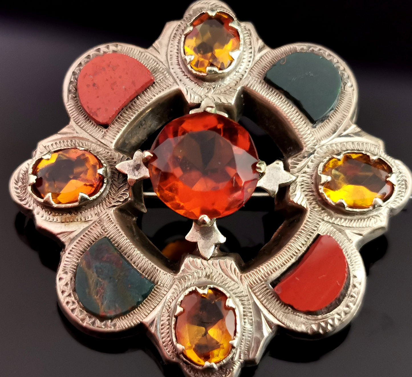 Antique Victorian Scottish silver and agate brooch, citrine