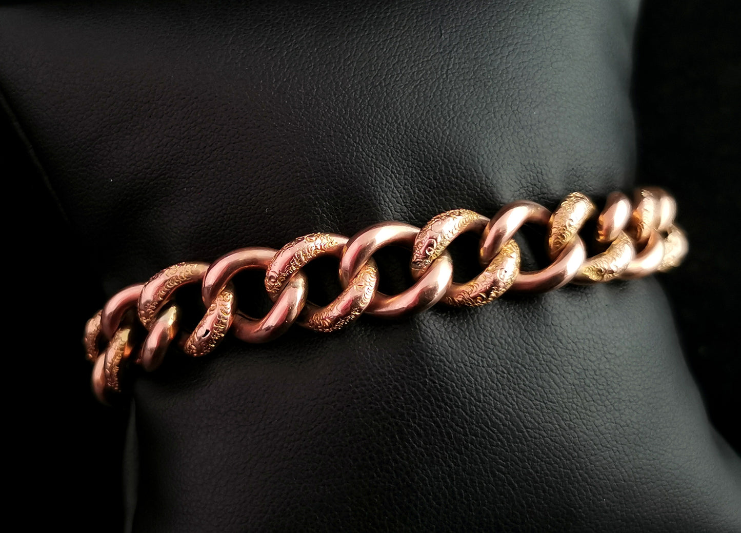Antique 9ct gold curb link bracelet, Edwardian, spinning fobs