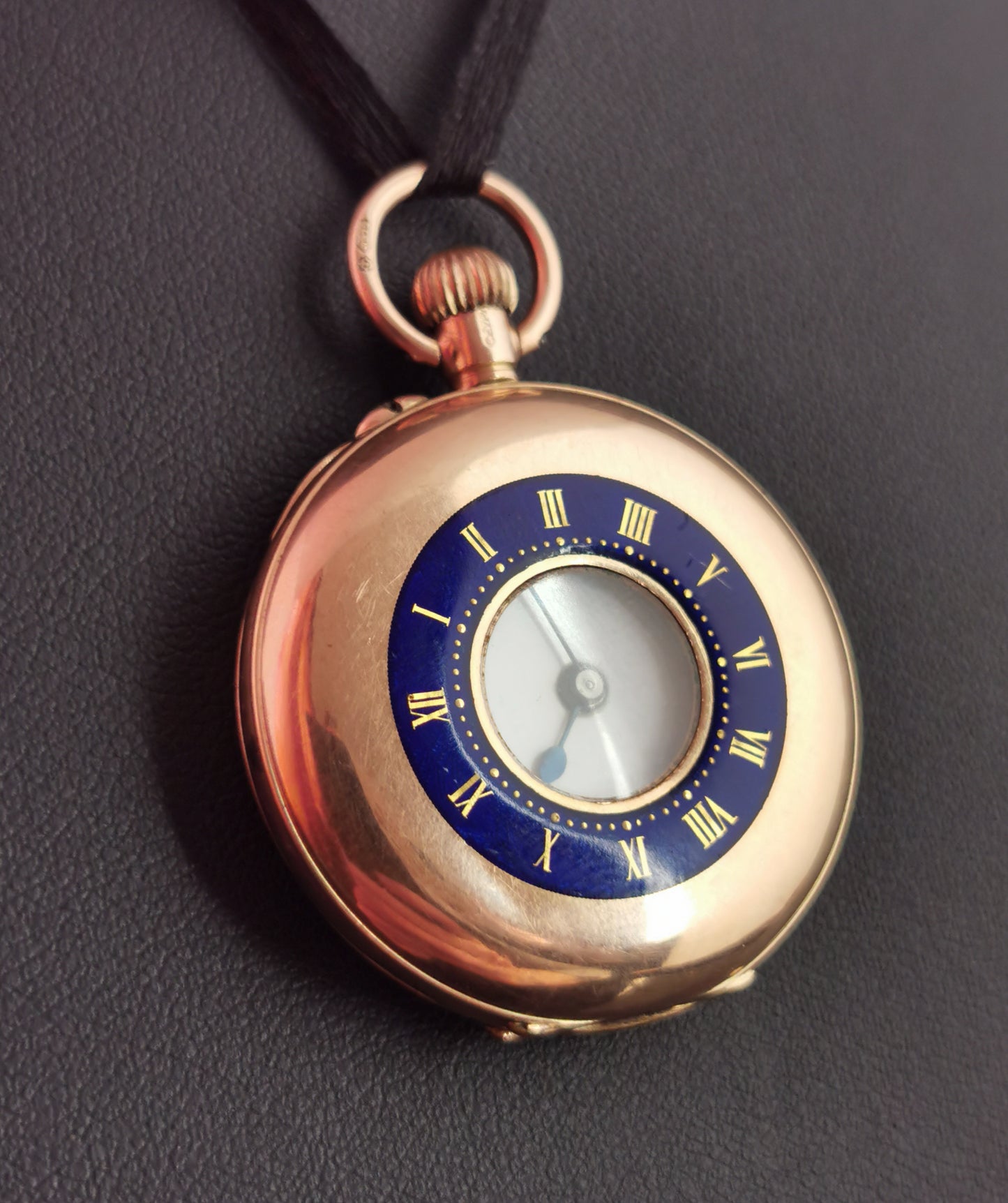 Antique 9ct gold half hunter pocket watch, blue enamel