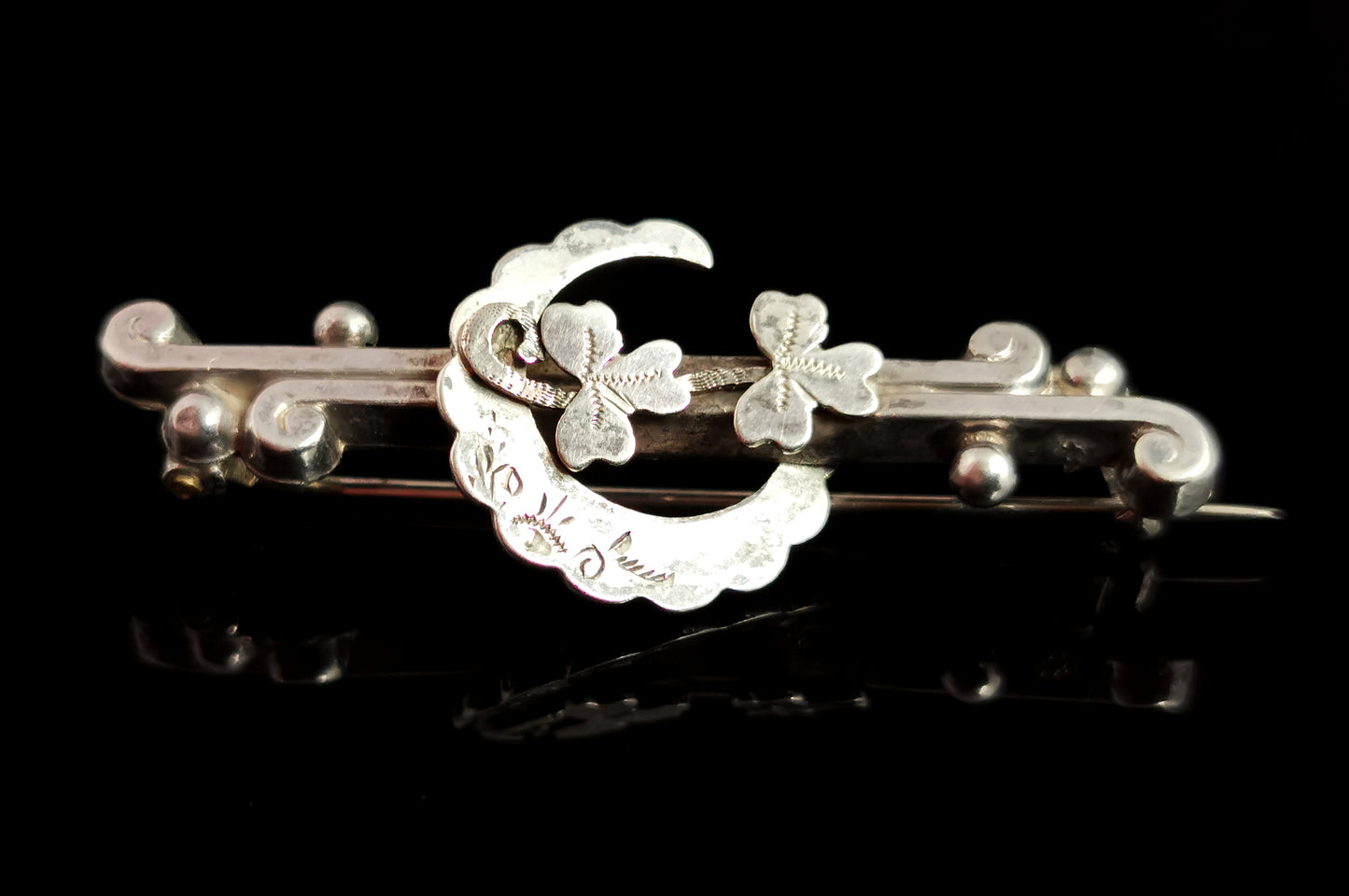 Antique silver crescent and shamrock brooch