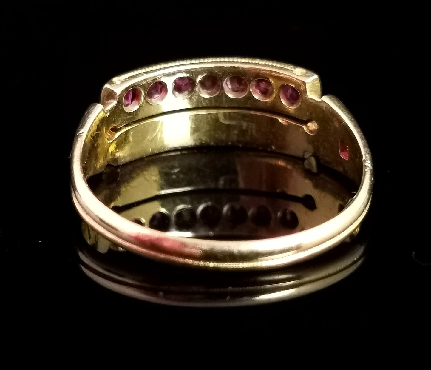 Antique Victorian Ruby, Diamond and pearl ring, 15ct gold, half hoop