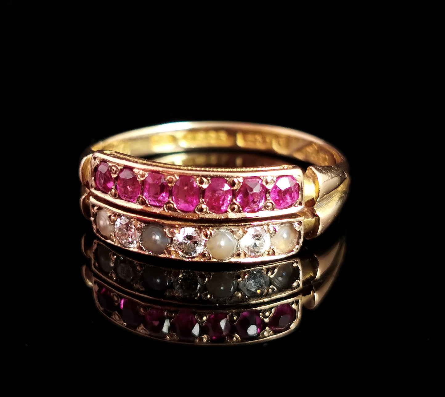 Antique Victorian Ruby, Diamond and pearl ring, 15ct gold, half hoop