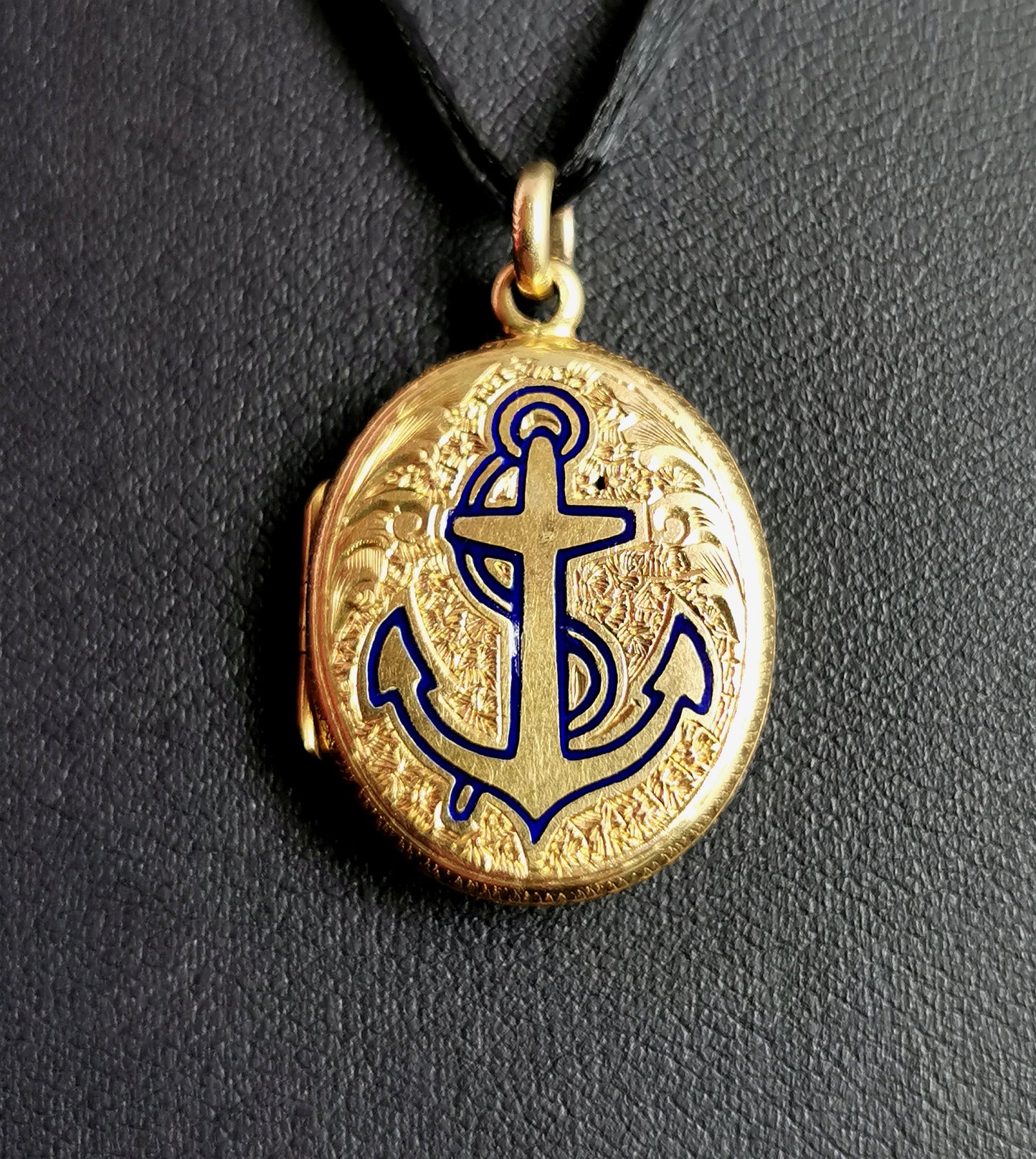 Antique Victorian 9ct gold anchor locket, blue enamel