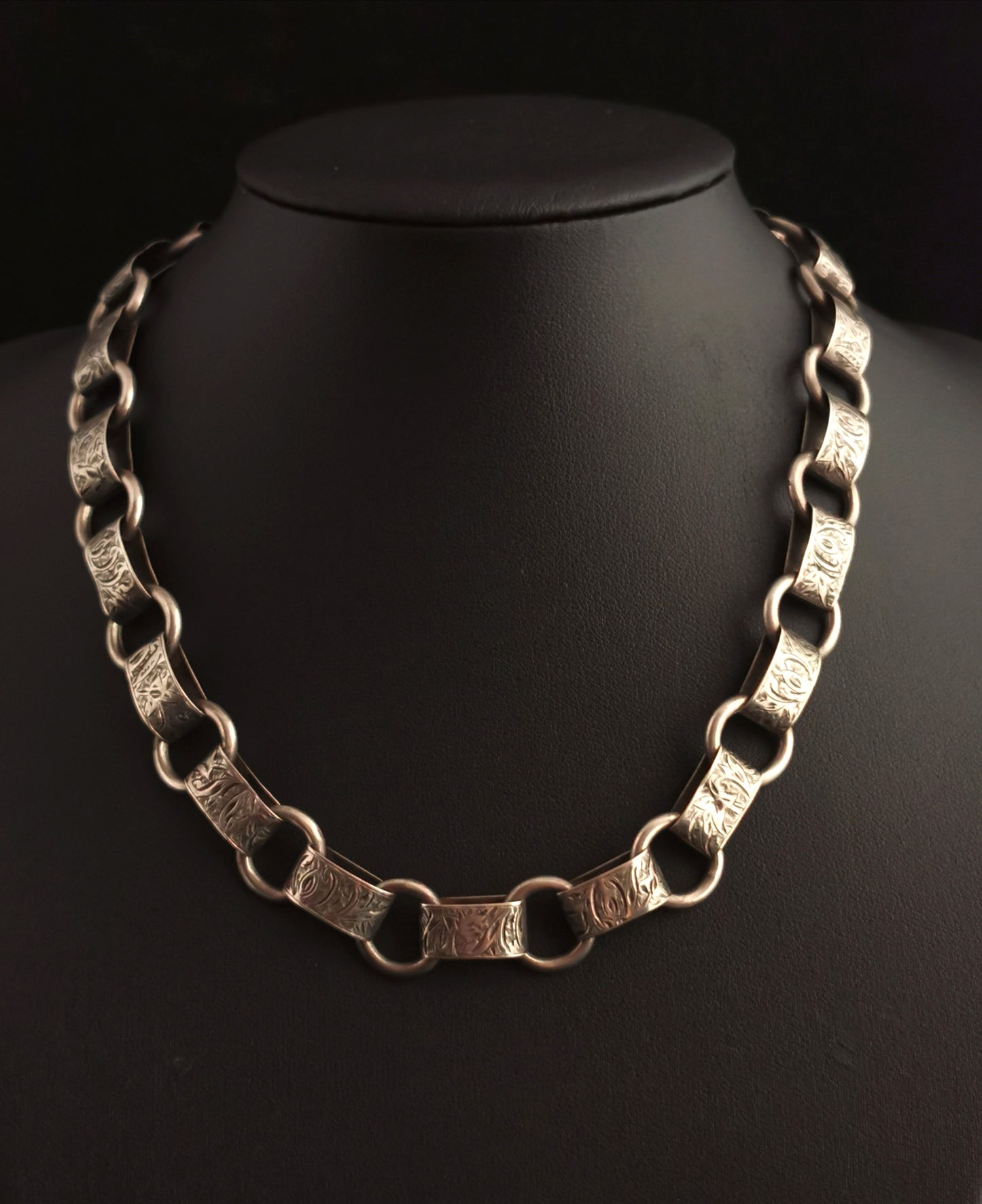 Antique Victorian silver collar necklace, engraved links